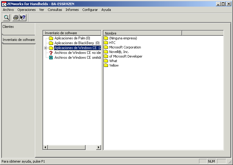 Captura de pantalla de la página Inventario de software.