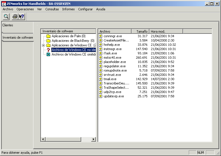 Captura de pantalla de la página Inventario de software en la que aparece resaltado el icono Archivos de Windows CE no identificados.