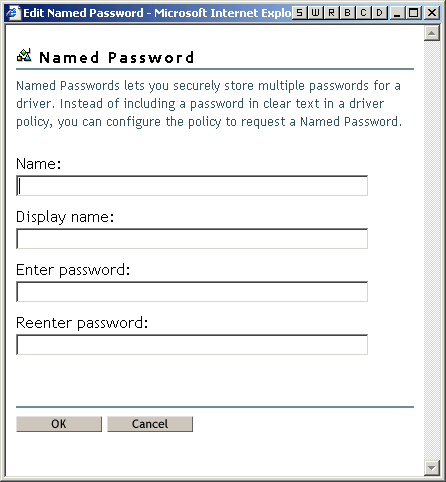 La page de saisie Mots de passe nomms permet de fournir un nom et un nom d'affichage, mais aussi de saisir le mot de passe.