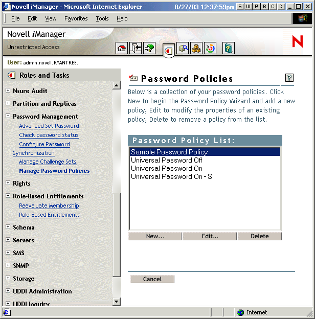 Exemple de rgles de mot de passe utilises par le mot de passe universel de NetWare 6.5