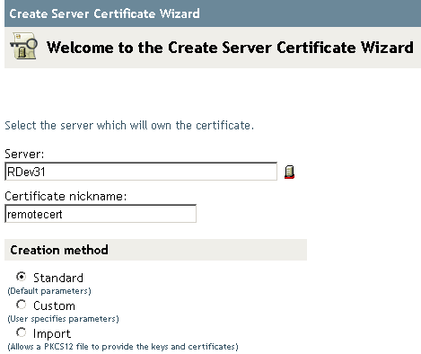 Zones de texte du serveur et du surnom du certificat