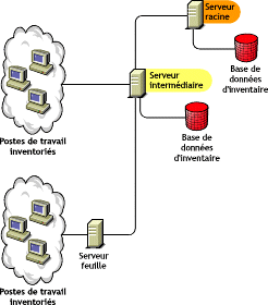 Illustration d'un serveur intermdiaire auquel sont attachs une base de donnes et des postes de travail inventoris.