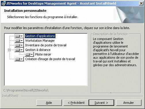 Capture d'cran de la bote de dialogue des fonctions disponibles du programme d'installation de l'agent de gestion ZfD.