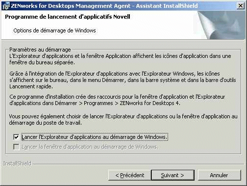 Capture d'cran de la page Options de dmarrage de Windows du programme d'installation de l'agent de gestion ZfD.