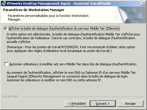 Page Paramtres de Workstation Manager de l'assistant d'installation de l'agent ZENworks Desktop Management