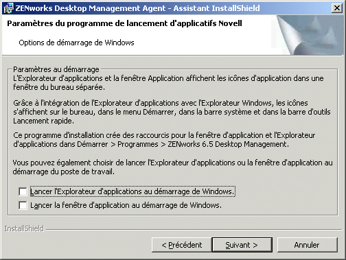 Page Programme de lancement d'applicatifs Novell/Options de dmarrage de Windows de l'assistant d'installation de l'agent ZENworks Desktop Management