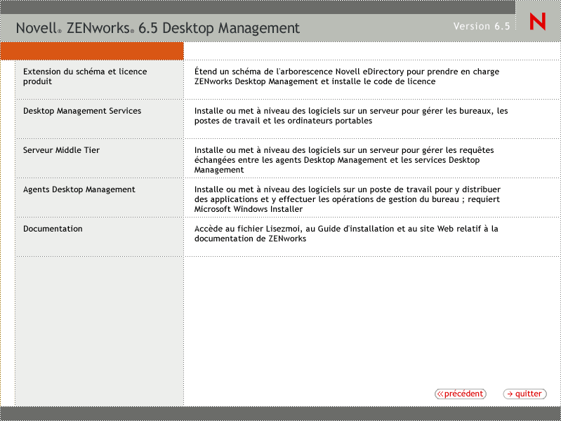 Page ZENworks Desktop Management de l'assistant d'installation de ZENworks. Cette page contient les options Extension du schma et licence produit, Services Desktop Management, Serveur Middle Tier, Agents Desktop Management et Documentation.
