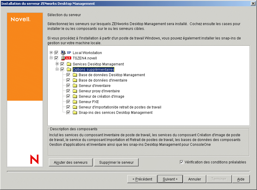 Page de slection des serveurs de l'assistant d'installation des services ZENworks Desktop Management. Les composants Desktop Management disponibles sont lists comme options d'installation.