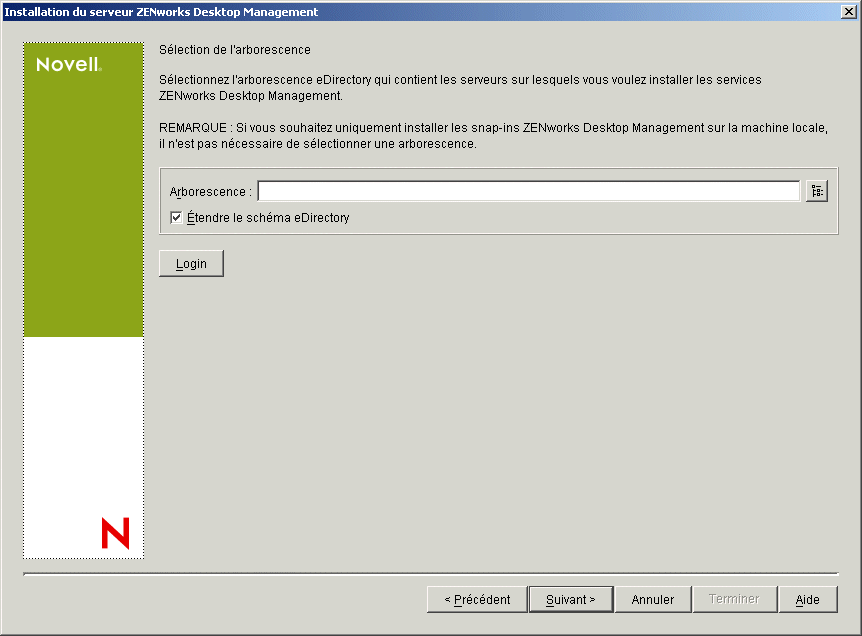 Page Slection de l'arborescence de l'assistant d'installation du serveur ZENworks Desktop Management