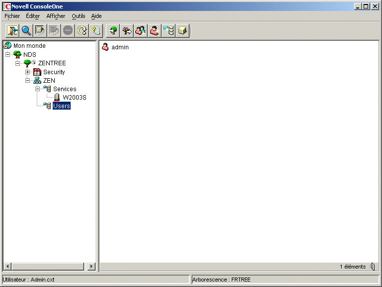 ConsoleOne est ouvert et affiche l'objet ZENTREE, l'objet Utilisateur Admin et l'objet Serveur.