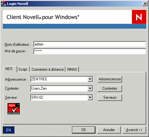 Bote de dialogue de login du client Novell avec la configuration de login NDS avanc ouverte.
