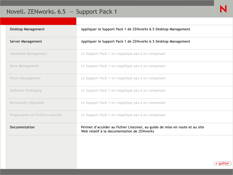 Page d'ouverture du programme d'installation de ZENworks, prsentant les principales options d'installation