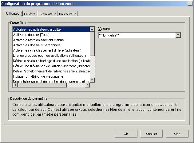 Page Configuration du programme de lancement avec l'onglet Utilisateur affiché
