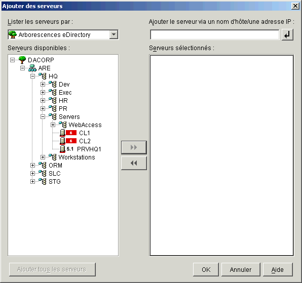 Boîte de dialogue Ajouter des serveurs montrant l'objet Serveur virtuel ajouté à la liste Serveurs sélectionnés.