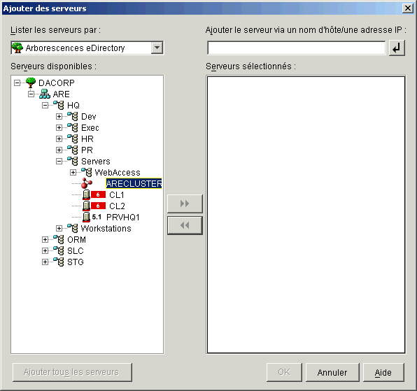 Boîte de dialogue Ajouter des serveurs, avec l'objet Serveur virtuel visible dans la structure de l'arborescence.