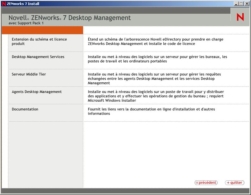 Menu du programme d'installation de ZENworks Desktop Management.