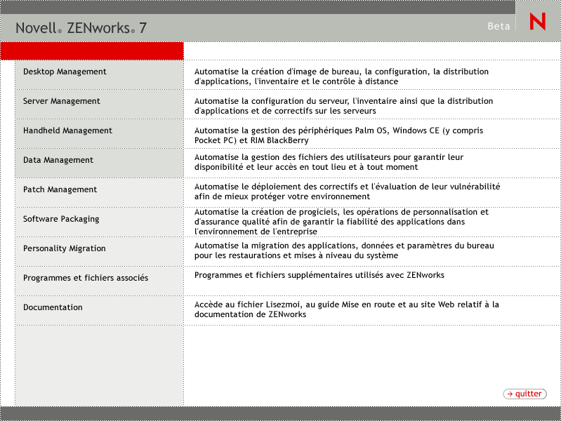 Page d'ouverture du programme d'installation de ZENworks, présentant les principales options d'installation. L'option Desktop Management est sélectionnée.
