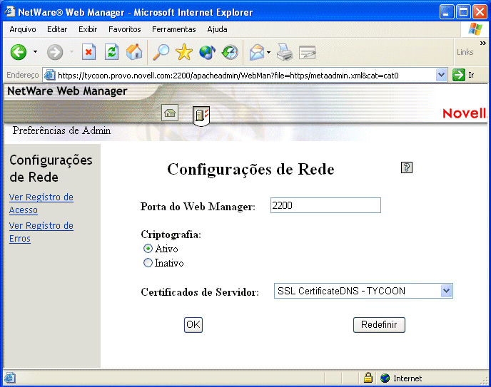 NetWare Web Manager, utilizado para configurar as preferncias para a verso de administrao do site de boas-vindas na Web.