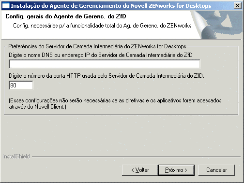 Imagem da tela da pgina de configurao geral do programa de instalao do Agente de Gerenciamento do ZfD.