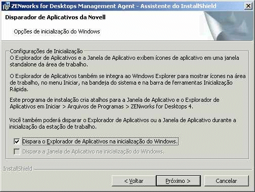 Imagem da tela da pgina Opes de inicializao do Windows no programa de instalao do Agente de Gerenciamento do ZfD.