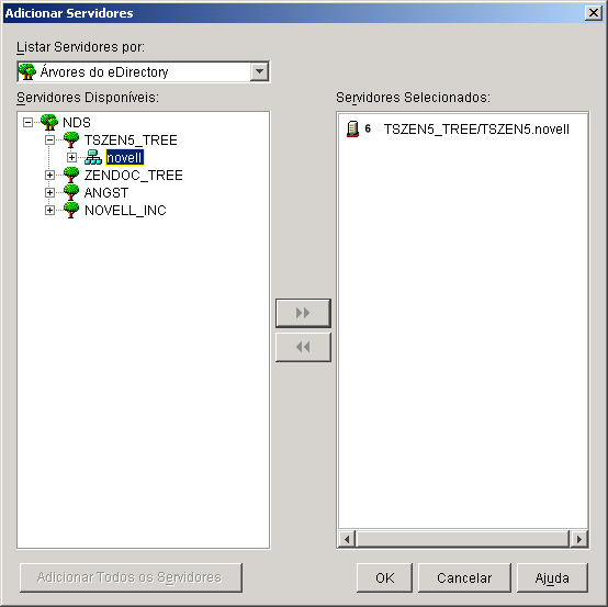 Imagem da tela da caixa de dilogo Adicionar servidores com um servidor NetWare selecionado.