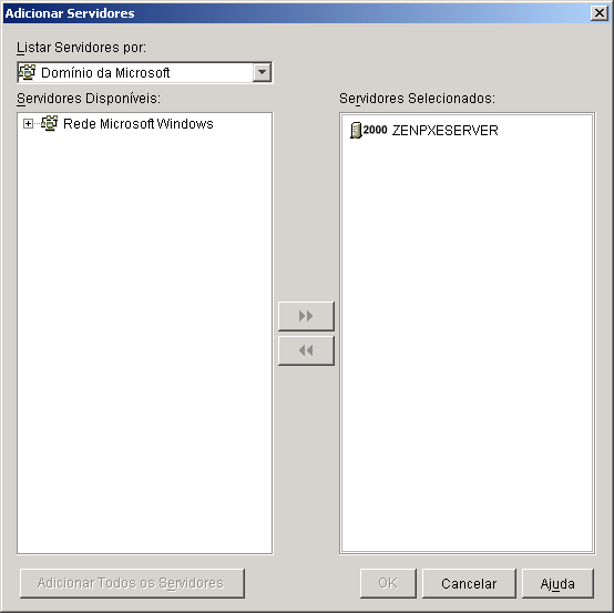 Imagem da tela da caixa de dilogo Adicionar servidores com um Domnio Microsoft selecionado.