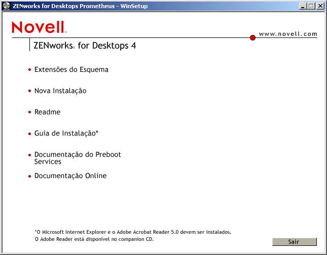 Imagem da tela da pgina de abertura do programa de instalao do ZENworks for Desktops 4, mostrando as opes gerais de instalao.
