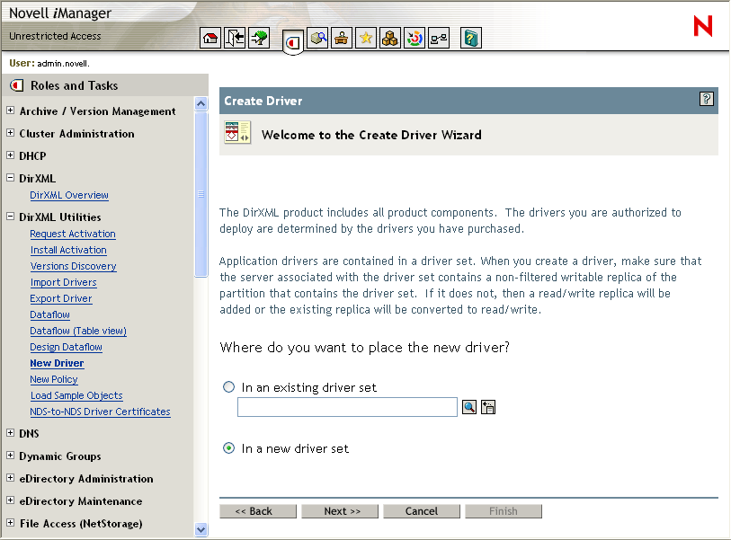 在 Novell iManager 主页打开“创建新驱动程序向导”窗格。