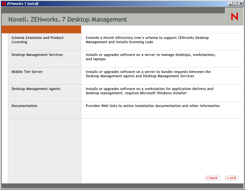 ZENworks 6.5 Desktop Management 安装程序菜单。