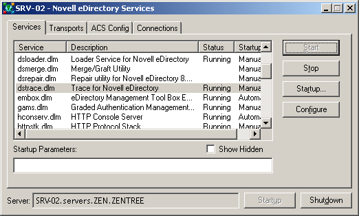 Novell eDirectory 服务对话框。
