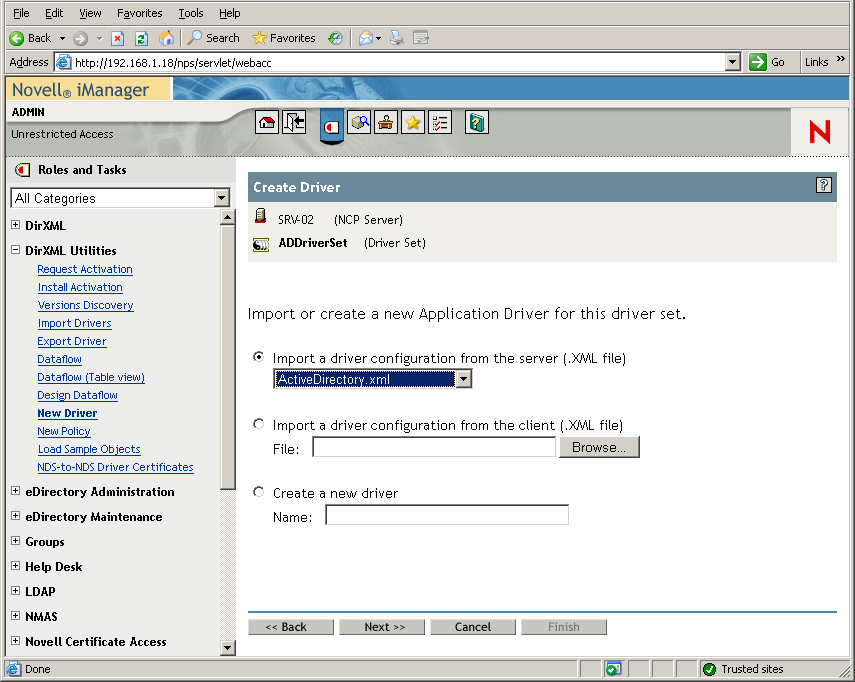 在 Novell iManager 主页打开“创建驱动程序向导”。ADDriverSet 子页也打开。