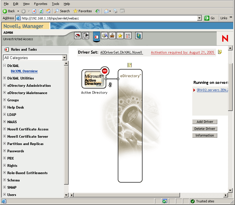 Active Directory - Novell iManager 中 DirXML 概述实用程序的 eDirectory 配置页。
