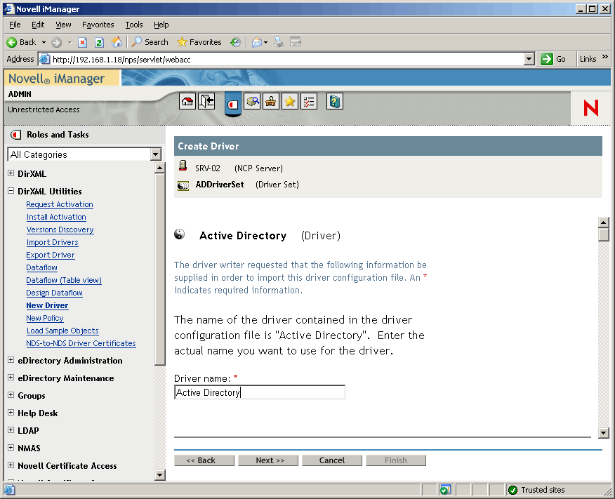 在 Novell iManager 主页打开“创建驱动程序向导”。打开 Active Directory 驱动程序集页。