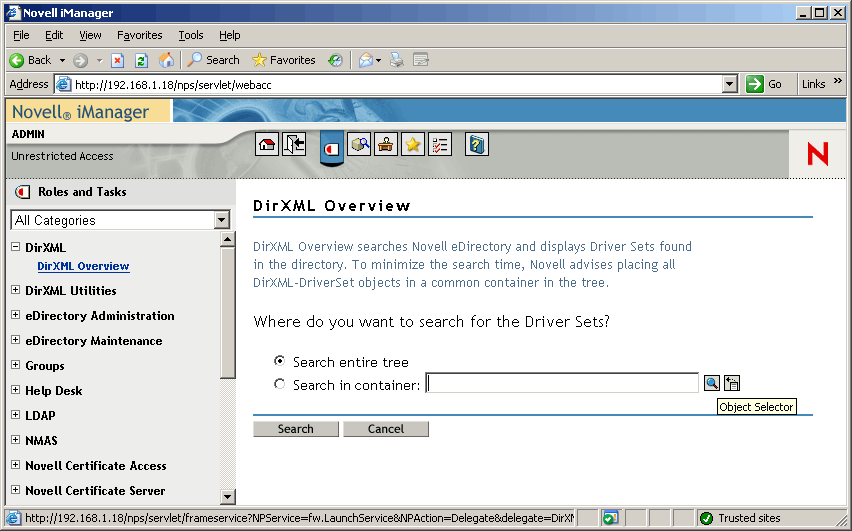 Novell iManager 中的 DirXML 概述实用程序。
